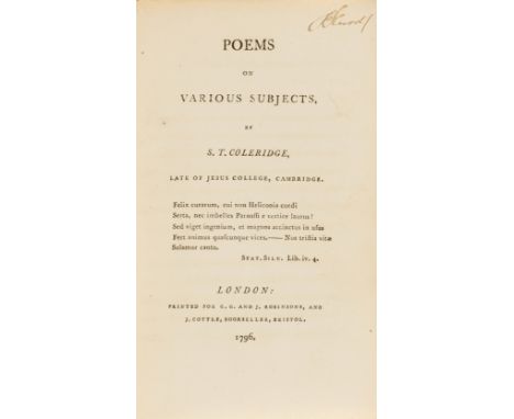 Coleridge (Samuel Taylor) Poems on various subjects, first edition, errata f., lacking half-title and advertisement f., occas