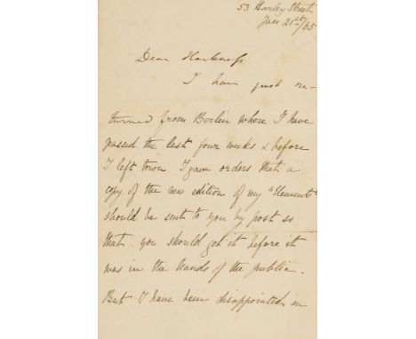 Lyell (Sir Charles, first baronet, geologist, 1797-1865) Autograph Letter signed to Robert Harkness, 2½pp., 8vo, 53 Harley St