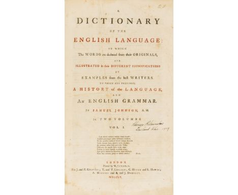 Johnson (Samuel) A Dictionary of the English Language, 2 vol., first edition, titles printed in red and black, text in double