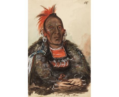 Catlin (George, 1796-1872) Wah-ro-née-sah, The Surrounder, Chief of the Tribe, watercolour over graphite, heightened with whi