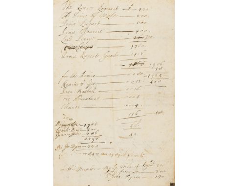 Civil War.- [Lists of the king's troops of horse &amp; lists of ranks with wages], manuscript lists, together 5pp., folds, br