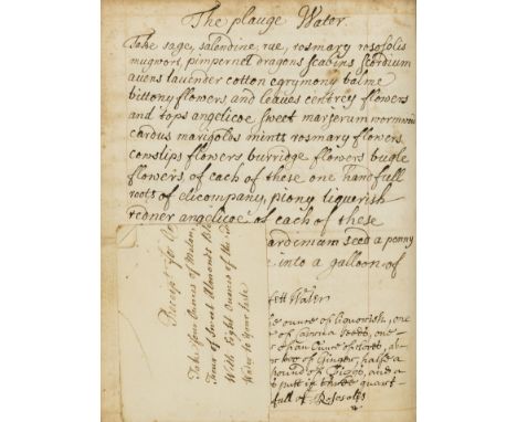 Plague-water and cookery &amp; medical recipes.- Jackson (Mrs Sarah) Medical and cookery recipes, manuscript in several hands