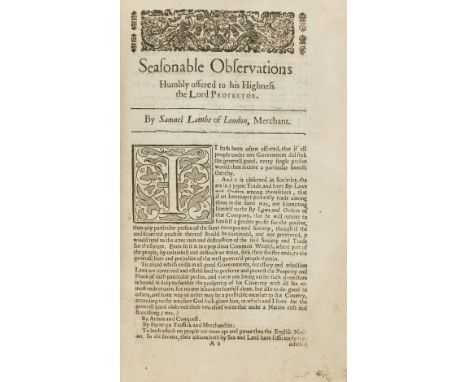 Lambe (Samuel) Seasonable Observations humbly offered to His Highness the Lord Protector, [2], 20pp., with initial blank, dro