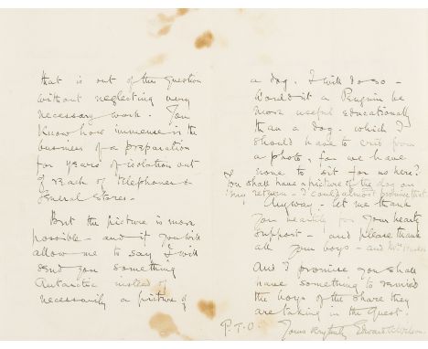 Antarctic Explorer.- Wilson (Edward Adrian, Antarctic explorer and naturalist, 1872-1912) Autograph Letter signed "Edward A W