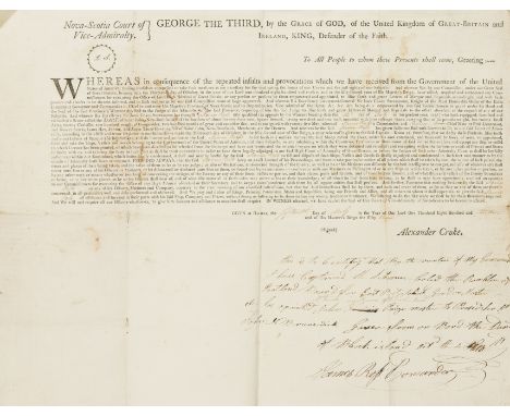 War of 1812.- Commission appointing James Ross Commander of the sloop Dart of Saint John, New Brunswick, with autograph note 