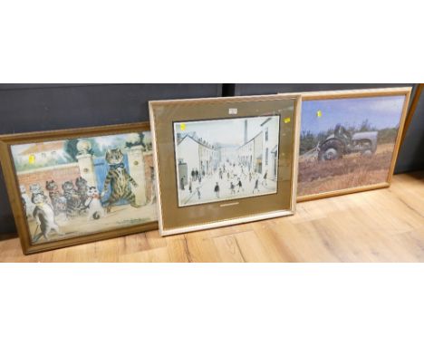 Framed LS Lowry print "Coronation Street", 65 cm x 57 cm, picture "The Good Puss" and framed tractor jigsaw