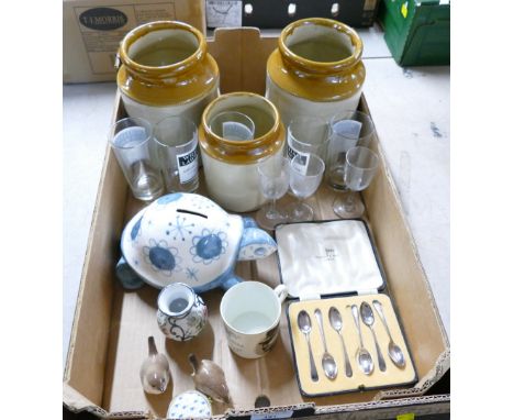Stoneware jars, Lawson's Scotch Whisky tumblers, ceramic handpainted tortoise, bird ornaments, Walker & Hall coffee spoons et