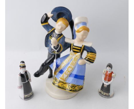 Quimper figurine of dancing couple signed Robert Micheau-Vernez, height 23 cm, and pair of Hollohaza Hungarian porcelain peas