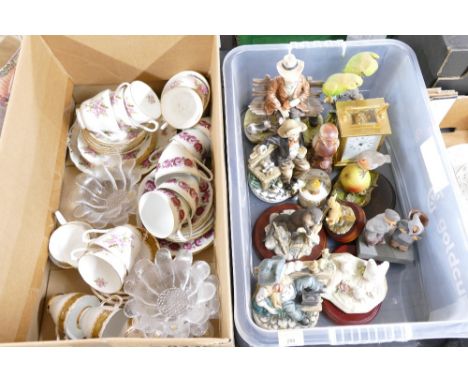 Two boxes of figurines, Angelus brass carriage clock, Dartington lead crystal daisy bowls and pink floral part tea sets 