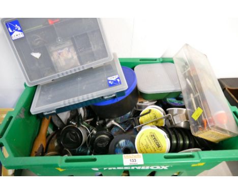 Box of fishing reels, fishing line, floats, tackle boxes, accessories etc
