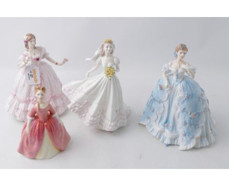 Four figurines, Royal Doulton Debbie, Coalport the Romantic Bride, Royal Worcester the Masquerade Begins and The First Quadri