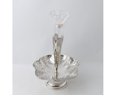 Silver plated epergne with glass trumpet, 38 cm high