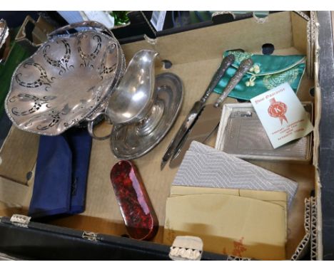 Plated ware bonbon dish presented in 1922, gravy boats, cake slice, King Craft combination lighter, fabric purses, etc 