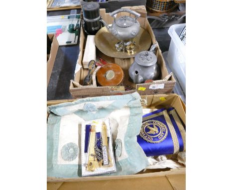 Two boxes of Masonic regalia, pewter teapots, leather Halden tape measure, Grants Scotch Whisky hip flask set etc 