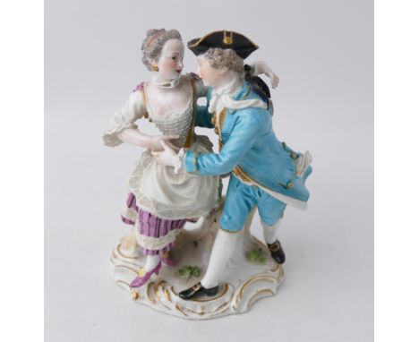 Meissen style Continental porcelain figurine, courting couple, 15 cm high