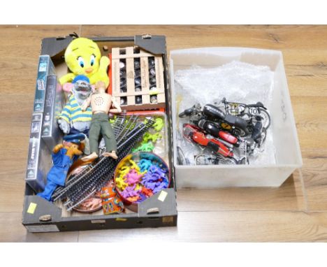 Two boxes of vintage toys including Roland Rat, Postman Pat, Tweetie Pie, model motorbikes etc