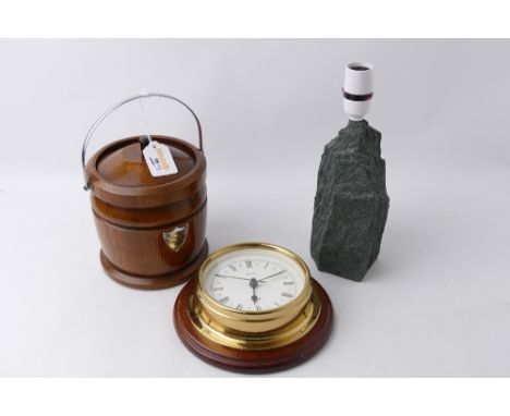 Oak biscuit barrel with ceramic liner, brass bulkhead style clock and slate lamp base 