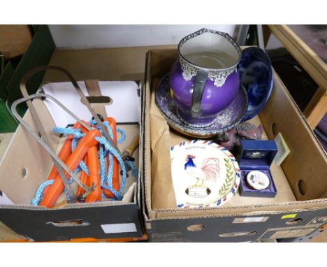 Purple ceramic wash jug and bowl, Whitehaven decorated plate, trinkets and ornaments, child's garden ladder and two axe saws 