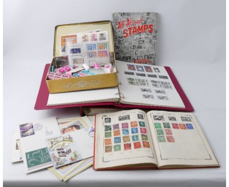 Two Stanley Gibbons stamp albums, mostly empty, quantity of part filled albums, tin of loose stamps and First Day Covers