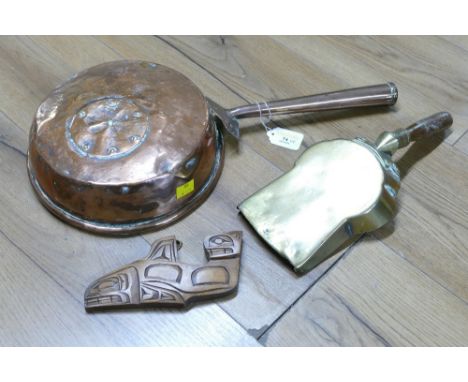 Brass coal shovel and Ralph Shaughnessy British Columbia wood carving 