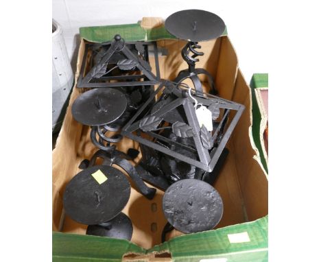 Box of black painted metalware lantern holders and candle holders 