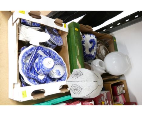 Two boxes of blue and white china including Spode, plated serving dishes, glass lamp shades, part tea sets etc 