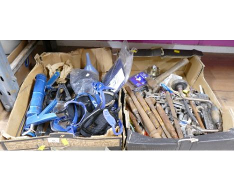 Two boxes of tools, Camp snowshoe attachments etc 