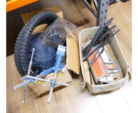 Two boxes of car accessories, Dunlop jacks and vintage windscreen wiper blades