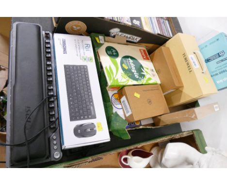 Box of wireless router, boxed HP projector, BT Home phones, WiFi disc, A4 copier paper packs and three keyboards 