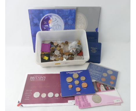 Two part filled Sainsbury's Millennium Medal Collections and tub of vintage coins including Britain's First Decimal Coins, Qu