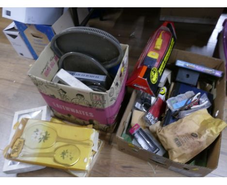 Two boxes of plated trays, dressing brush set, safety extension lead, light fittings, stockbooks, tools etc 