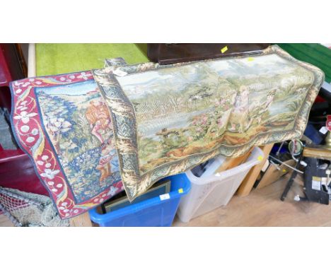 Two tapestry throws depicting children and goat and a Renaissance banquet, each approximately 82 cm x 57 cm 