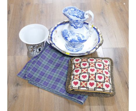 Masons blue and and white wash jug, mismatched wash bowl, vase, tapestry cushion decorated with hearts and tartan table runne