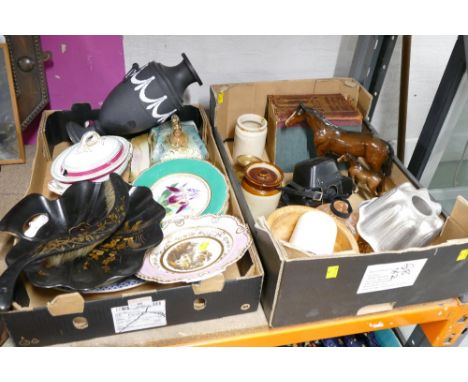 Two boxes of decorative plates, butter dish, Beswick horse, Mrs Beeton's Household Management book, Yashica camera etc 