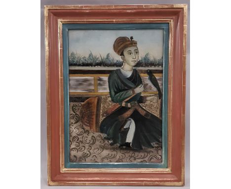 19th Century Persian Reverse Glass Painted Portrait of A Young Man, 26 x 37 cm, with painted frame 