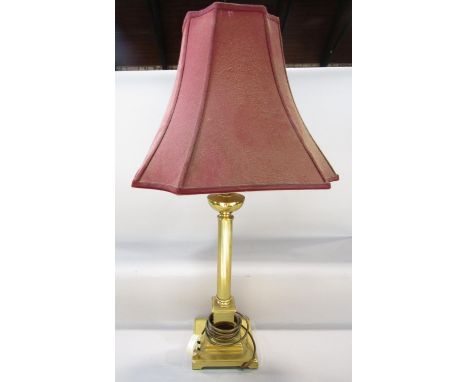 A brass classical reeded column table lamp, with a large pagoda shaped shade, 90cm including shade. 