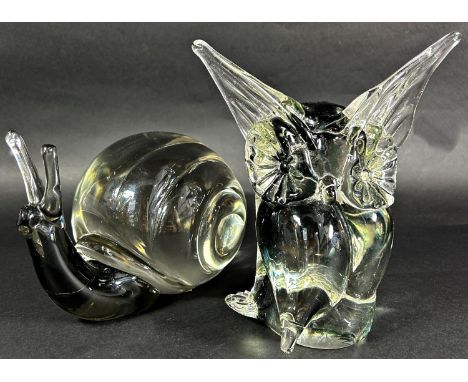 A mixed selection of novelty Murano type glass figures including clowns and dogs, six assorted paper weights, a large glass s