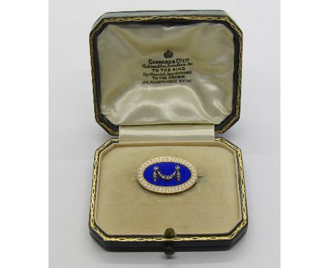 Victorian yellow metal brooch with enamel and rose cut diamond swag decoration, inscribed 'C &amp; G June 9th 1898' to revers
