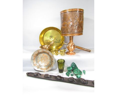 A bell metal pestle and mortar, another smaller example, a selection of small malachite, moser glass vase, brass pan, African