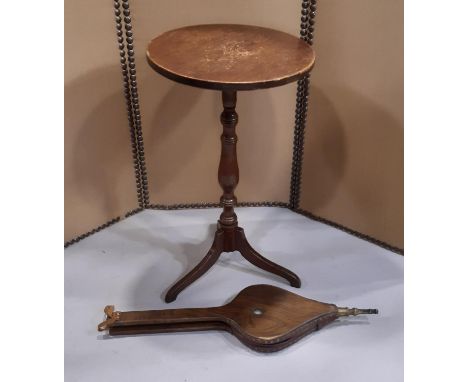 A Georgian countrymade oak and pine occasional table on turned pillar and tripod, together with a pair of oak long armed bell