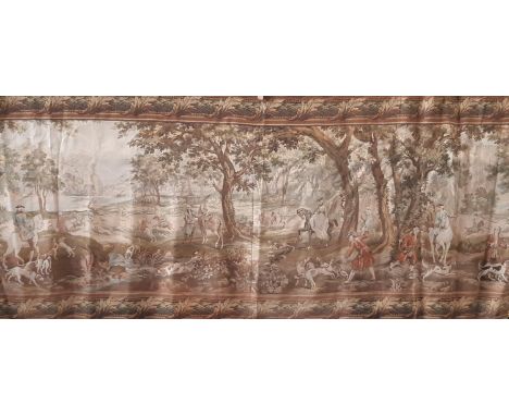 Large early 20th century pictorial wall hanging tapestry depicting an 18th century hunting scene, by JP (France) size 490x210
