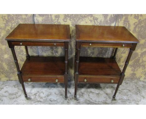 A pair of Georgian side or lamp tables, each fitted with a slide and shallow frieze drawer, 43cm wide x 66cm high 