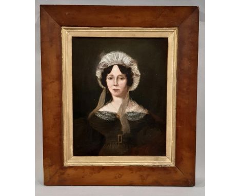 Georgian Half Portrait of a Woman Wearing a Hat, oil on canvas, unsigned, indistinctly inscribed to back of canvas, 27 x 21.5