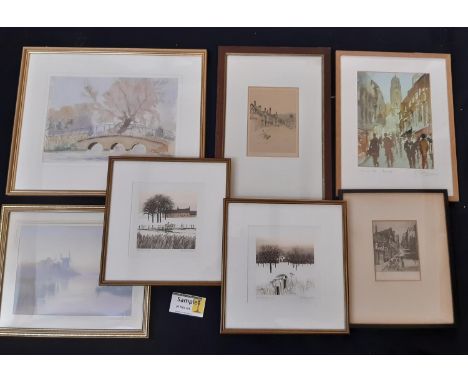 Twelve Framed Artworks to Include: Two watercolours of bridges, unsigned, on titled 'Bibury' and dated 1943, 35 x 25 cm; Afte