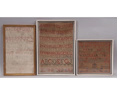 Three 19th Century Needlepoint Tapestry Samplers by Anna Vlielans, 1846; Jean Glen, 1838; and Mary... aged 7, largest: 21 x 3