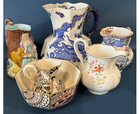 19th century Coalport jug with scroll handle and hand painted floral sprays, small Masons applique pattern ewer and basin, fu