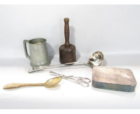 A large silver plated ladle, a pair of wick scissors, a stone mason's wooden mallet, a pewter tankard, a spoon made from cow 