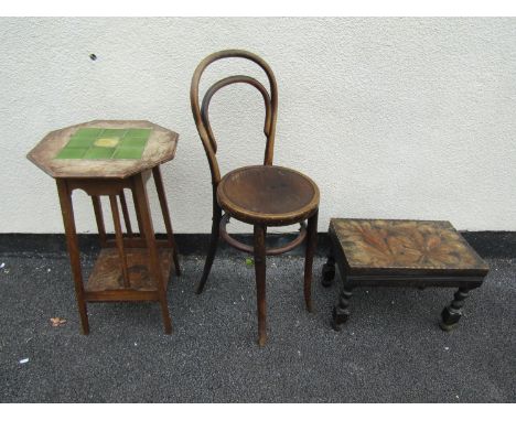 An Arts &amp; Crafts oak occasional table with octagonal top and inset tile, a bentwood shop counter chair, and a small oak s