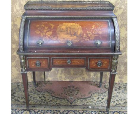 A good quality 19th century French cylinder top bureau in rosewood with cornucopia, floral and landscape panel with pen work 