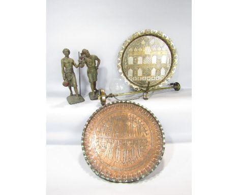 A pair of painted spelter Arab farmers after Marcel Debut, both signed Debut, two middle eastern metal trays, and a simple br